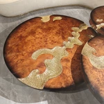 Luxury Nesting Coffee Table Set with Natural Burl Wood Veneer and Hammered Metal Detailing